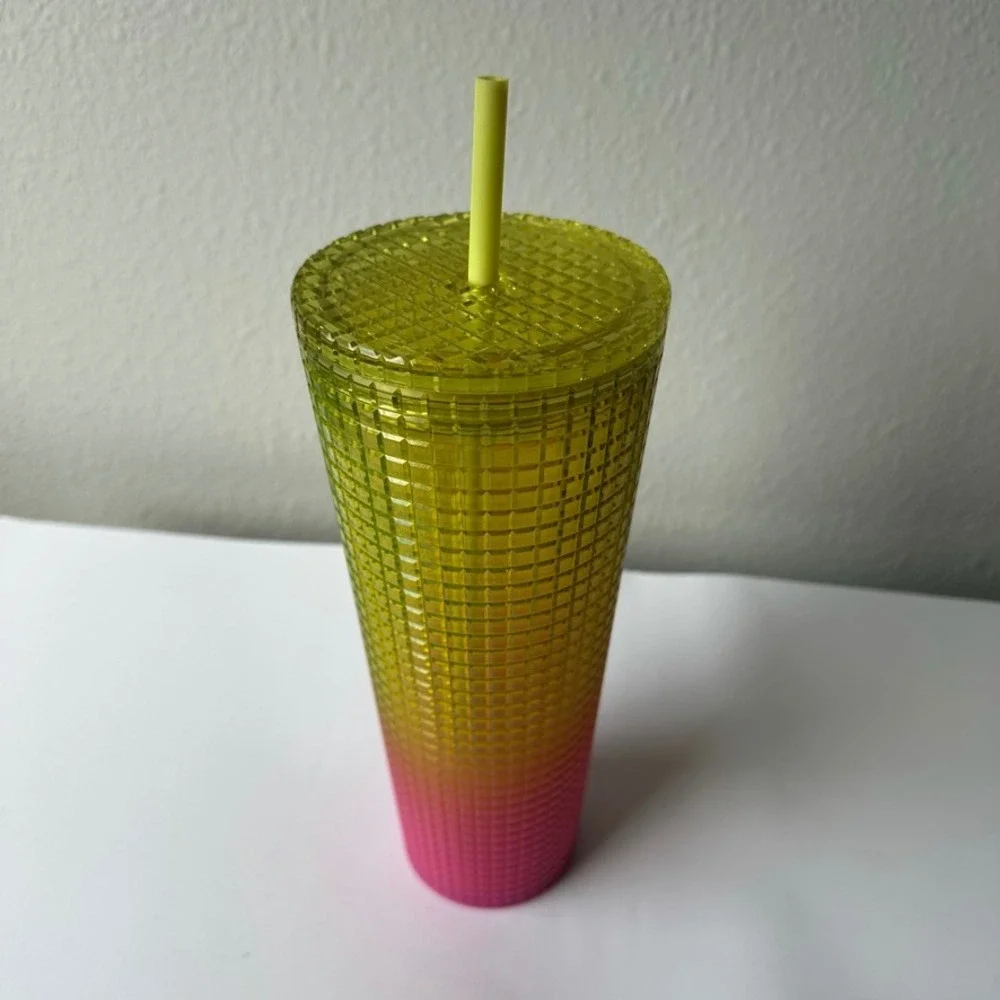 Starbucks Lemon Pink Gradient Ombre Grid Venti Cold Cup 24oz Tumbler Summer 2022